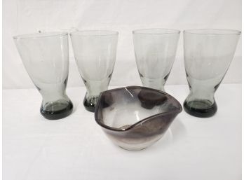 Vintage Smoked Glass Drinking Glasses And Dip Dish