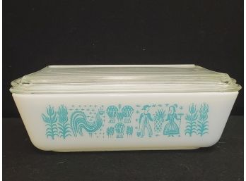 Vintage Pyrex Turquoise Butterprint Pattern Refrigerator Dish With Ribbed Clear Lid