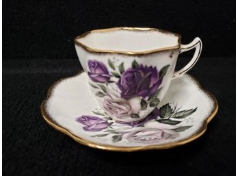 Vintage Bone China Purple Rose Flower Teacup And Saucer