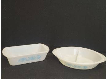 Vintage Glas Bake Blue Thistle Divided Dish And Loaf Pan