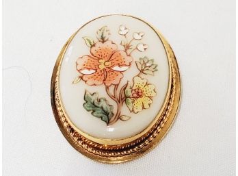 Lenox Porcelain Floral 12K Gold Filled Ladies Oval Pin Brooch