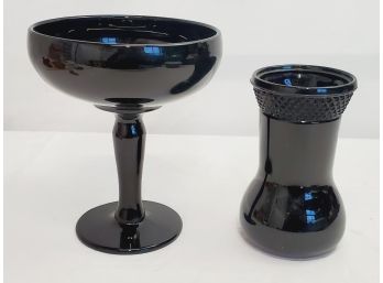 Two Vintage Black Amethyst Glass Pedestal Dish & Diamond Point Vase