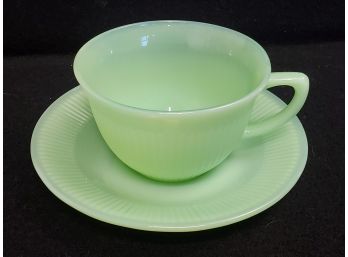 Vintage Jane Ray Fire King Cup And Saucer Jadeite Green Glass