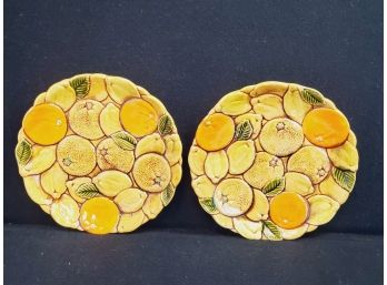 Two Inarco(?) 9.5' Colorful Embossed Fruit Themed Vintage Plates