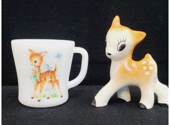 Vintage Federal Glass Milk Glass Fawn Deer Mug & Cute Ceramic Fawn Figurine By Bernard Studios California