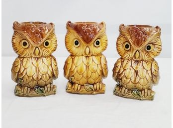 Trio Of Vintage MCM Ceramic Owl Candle Holders By Inarco E-4617 Made In Japan