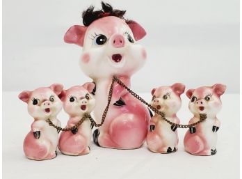 Cute Vintage Ceramic Momma Pig And Four Piglets