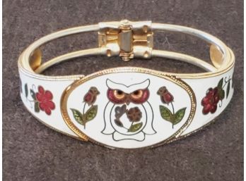 Vintage Retro 1980s Cloisonne Whimsical Owl Hinged Ladies Bracelet