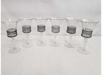 Six Antique 1920'S H. C. Fry Black Reeded Crystal 5.5' Wine Glasses Goblets