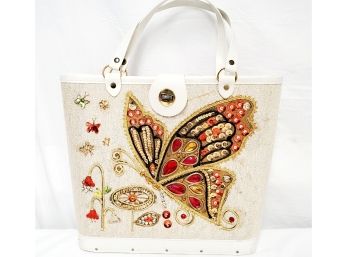 Cute Boho Vintage 60s Burlap Jeweled Butterfly, Bucket Shape Enid Collins Style Handbag