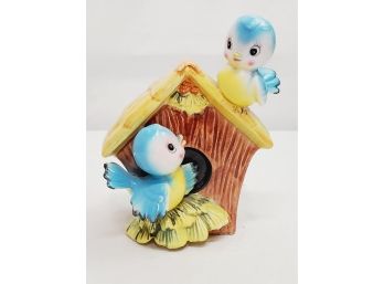 Vintage Lefton Norcrest Japan Ceramic Whimsical Bluebirds Birdhouse Bank