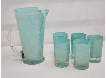 Vintage MCM Turquoise & Gold Thread Glass Pitcher With Ice Lip & Five Juice Glasses