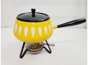 1960s Vintage MCM Cathrineholm Enamel Lotus Design Fondue Pot - In Vibrant Yellow With Black Lid