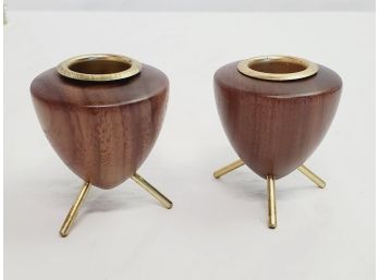 Cool Mid Century Modern Pair Of Walnut & Brass Taper Candlestick Holders