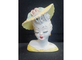 Beautiful Vintage Lefton Lady Head Vase With Yellow Hat, Large Eyelashes & Pink Rose