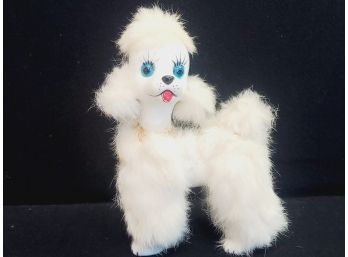 Vintage Norcrest White Ceramic Poodle Dog Figurine With Fur & Blue Eyes - Made In Japan