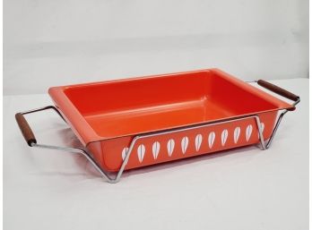 MCM Cathrineholm Orange Lotus Enamelware Lasagna Pan  Casserole Dish With Chrome Cradle Holder Wood Handles