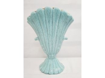 Vintage 1950s Turquoise Glazed Fan Shaped Flower Vase - Turquoise With Gold Fleck Detailing