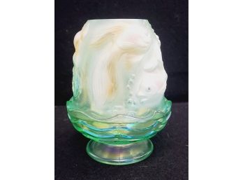 Vintage Fenton Green Glass Hand Painted Atlantis Painted Fairy Candle Lamp