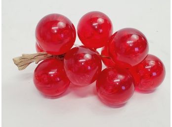 Vintage Red Lucite Bunch Grapes, Wood Stem, Wired Cloth Leaf, 1960s Or 1950s