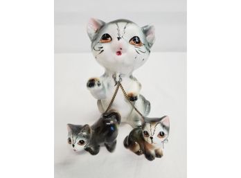 Vintage Ceramic Cat Family - Grey Striped Mother And Babies