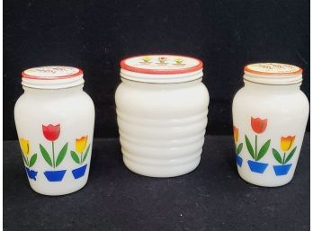 Trio Of Vintage Fire King Tulips Milk Glass Grease Jar & Parr Of Salt & Pepper Shakers