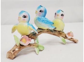 Cute Vintage Norcrest Japan Trio Of Bluebirds Sitting On The Branch Ceramic Figurine