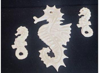 Trio Of Vintage MCM White Ceramic Seahorse Family Wall Hangings