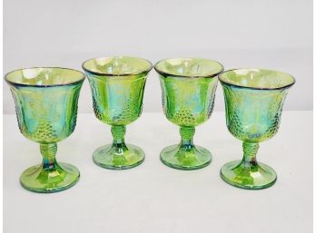 Four Vintage Indiana Carnival Glass Green Iridescent Harvest Grape Stemmed Goblet Cup