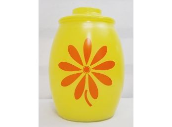 Awesome Vintage 1960s MCM Bartlett Collins Glass Bright Yellow Large Canister With Orange Daisy With Lid