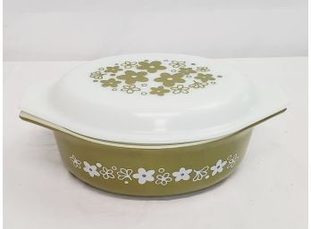 Vintage Pyrex Green & White Spring Blossom Oval Baking Dish With Lid 043 1 1/2 Quart