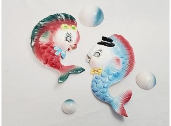 Vintage Kitsch Colorful PY Fish Mermaid Seahorses Wall Decor & Three Bubbles - Made In Japan