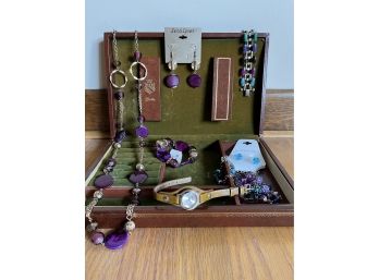 Collection Of Purple Themed Jewelry, Watch And Jewelry Box