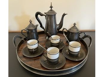 Silver Coffee Set - Pots, Saucers, Cups, Spoons And Serving Tray