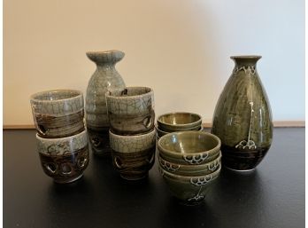 Japanese High Glaze Sake Set & Vintage Somayaki Set