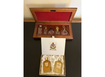 Miniature Perfume Bottles In Wooden Box Along With Bermuda Blue And Bermuda Breezes Filled Bottles