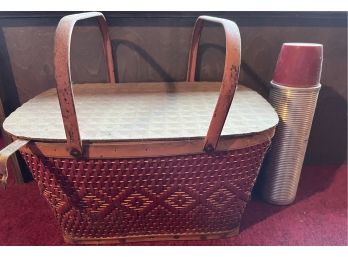 Vintage Red Man Picnic Basket & Thermos Brand Ribbed Thermos