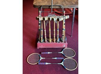 Vintage Croquet Six Player Complete Set And Badminton Racquets