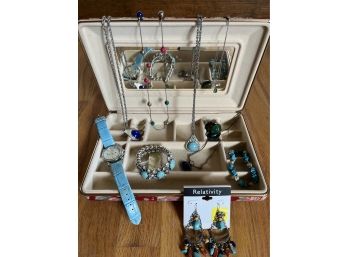 Collection Of Turquoise And Blue Lapis Jewelry And Watches With Jewelry Box