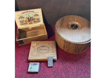 Mid Century Collectables- Faux Wood Bucket, Cigar Boxes & Lighters