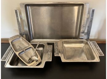 Stainless Serving Pieces - Tray, (2) Bowls And Condiment Tray With Utensils