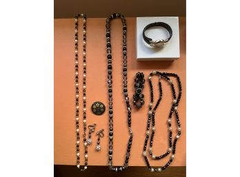 Jewelry Collection Of Necklaces, Earrings & Watch In Black/White Tones