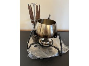 Vintage Fondue Pot, Skewers And Stand