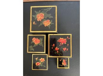 Oriental Lacquerware Nesting Boxes W/Flower Pattern