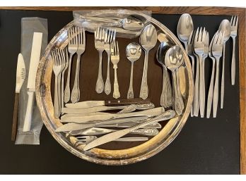 A Collection Of Miscellaneous Silver Or Stainless Utensils And Tray