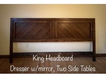 Mid Century Modern King Size Bedroom Set - Headboard, Dresser & Mirror, (2) Side Tables