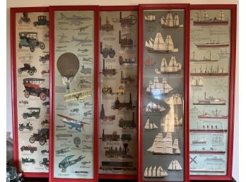 Five Red Framed Prints Of Sailing Ships, Planes, Locomotives, Autos And Ships