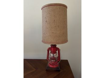 Vintage Red Globe Lantern Lamp W/Burlap Shade