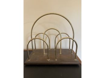 Art Deco Magazine Rack, Brass Hoops, Wood Base