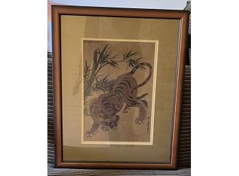 Framed Asian Tiger In Bamboo & Framed Cat Pawing At Goldfish Art